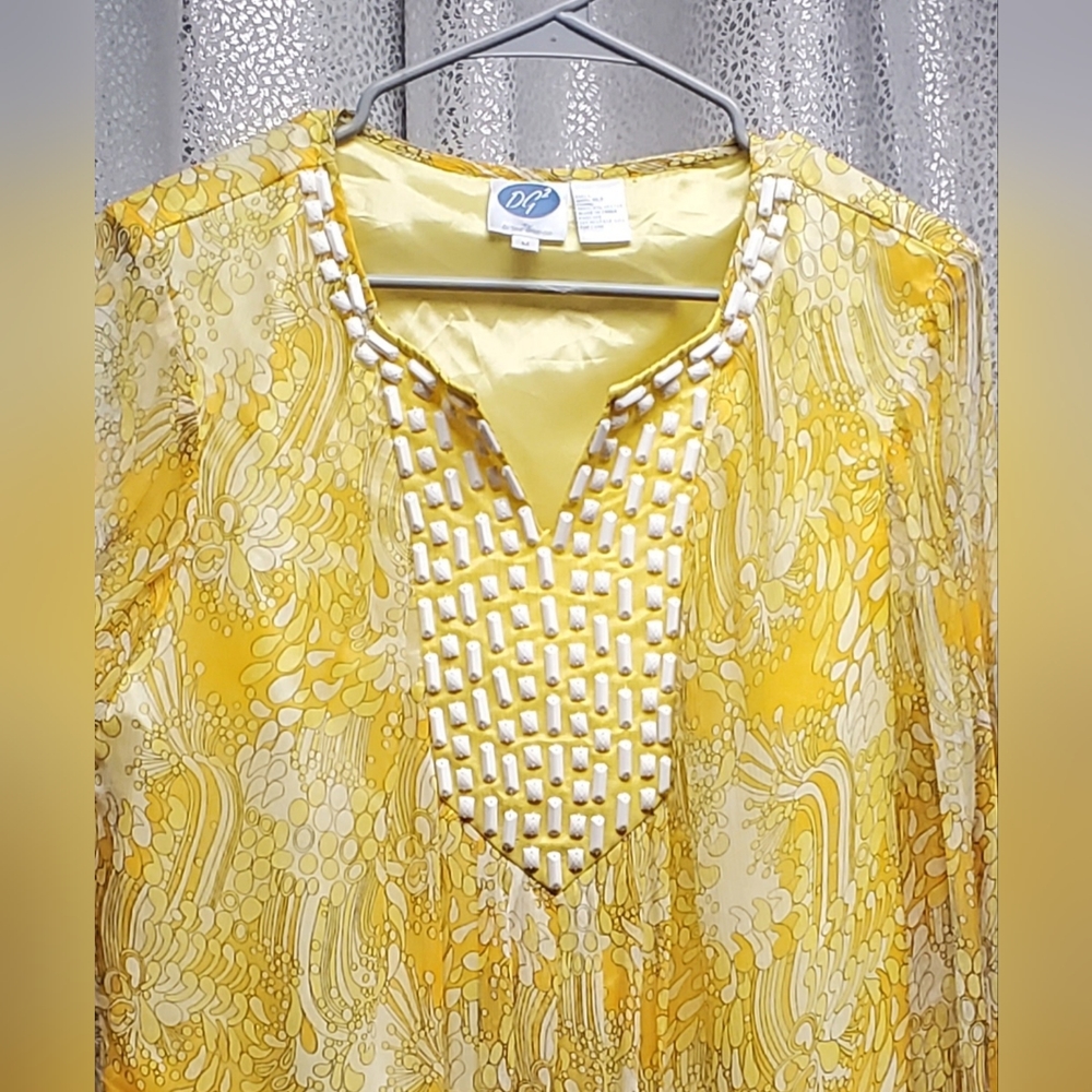 Honeysuckle Yellow Paisley Blouse White Beaded Neckline - Picture 11 of 12
